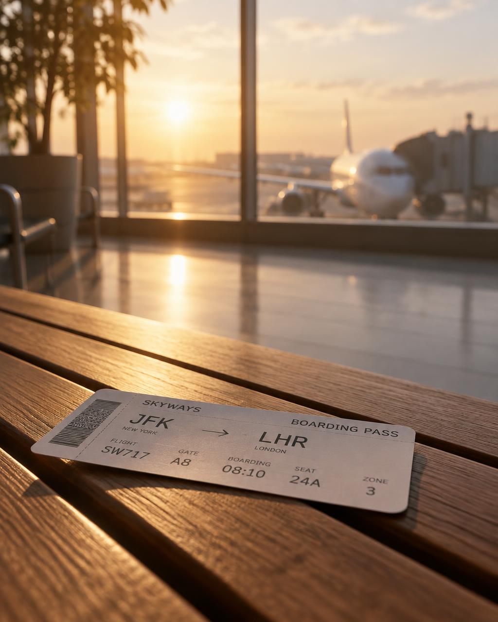 Boarding pass on a bench at a sunny airport gate